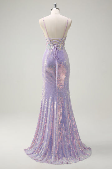 Sparkly Lilac Mermaid Spaghetti Straps Sequin Corset Prom Dress with Slit